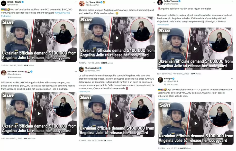Скриншоти з соцмережі Х новини про те, що в ТЦК та СП у Анджеліни Джолі вимагали 100 тисяч доларів