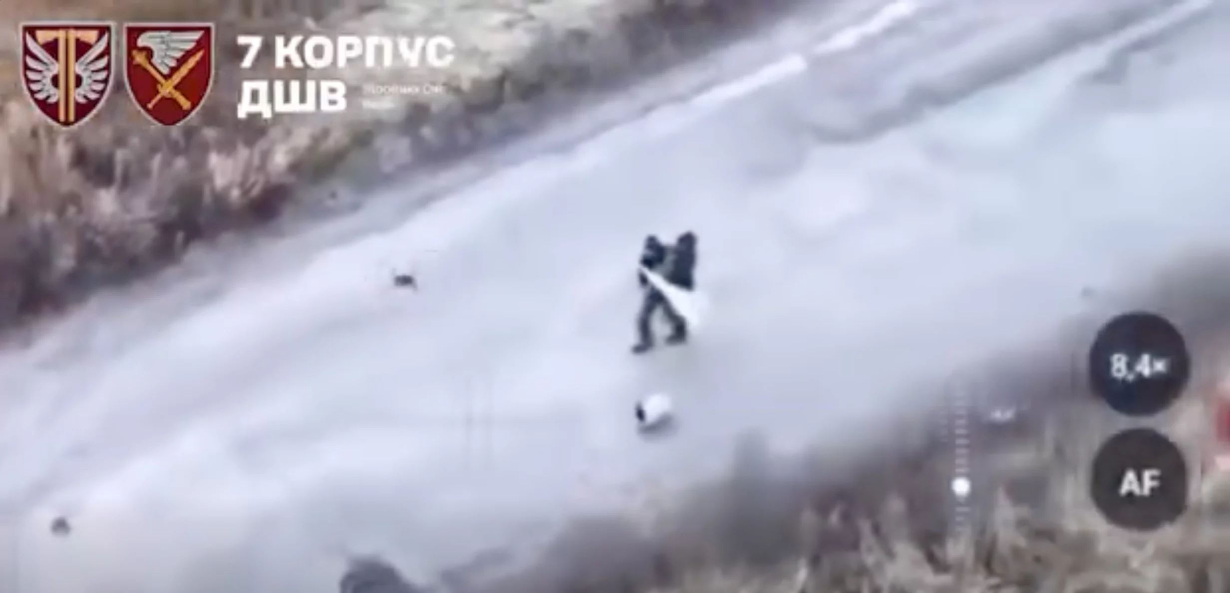 Two people and their dog walking on the road with an explosive from Russian drone few seconds from killing them