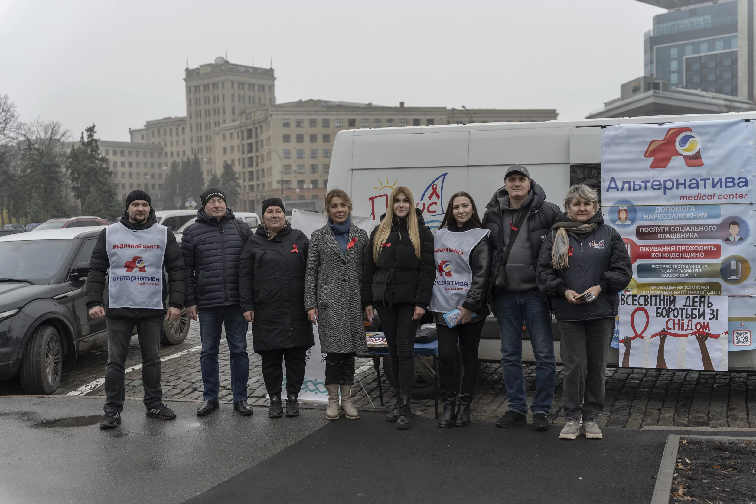 Organizators of an educational campaign for World AIDS Day in Kharkiv