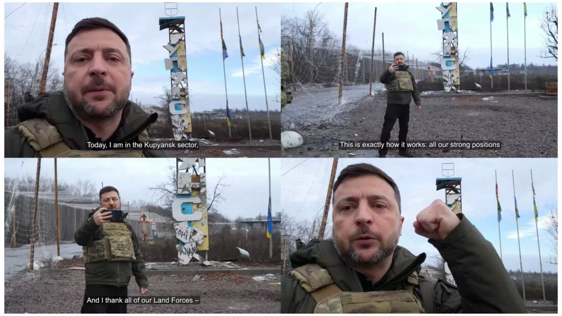 зображення до посту: Фейк. Президент Зеленський не був у Куп’янську біля стели, а записав селфі-відео на «зеленці»