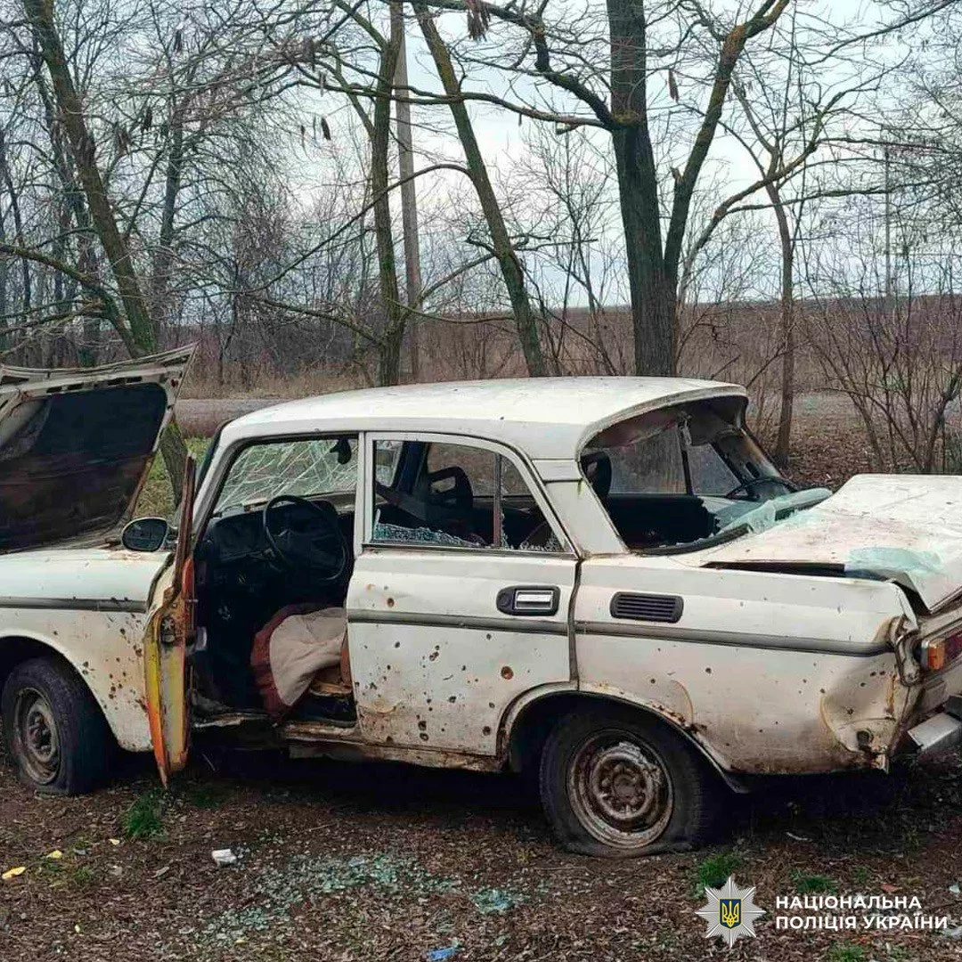 Damaged car after Russian attack on Kharkiv region