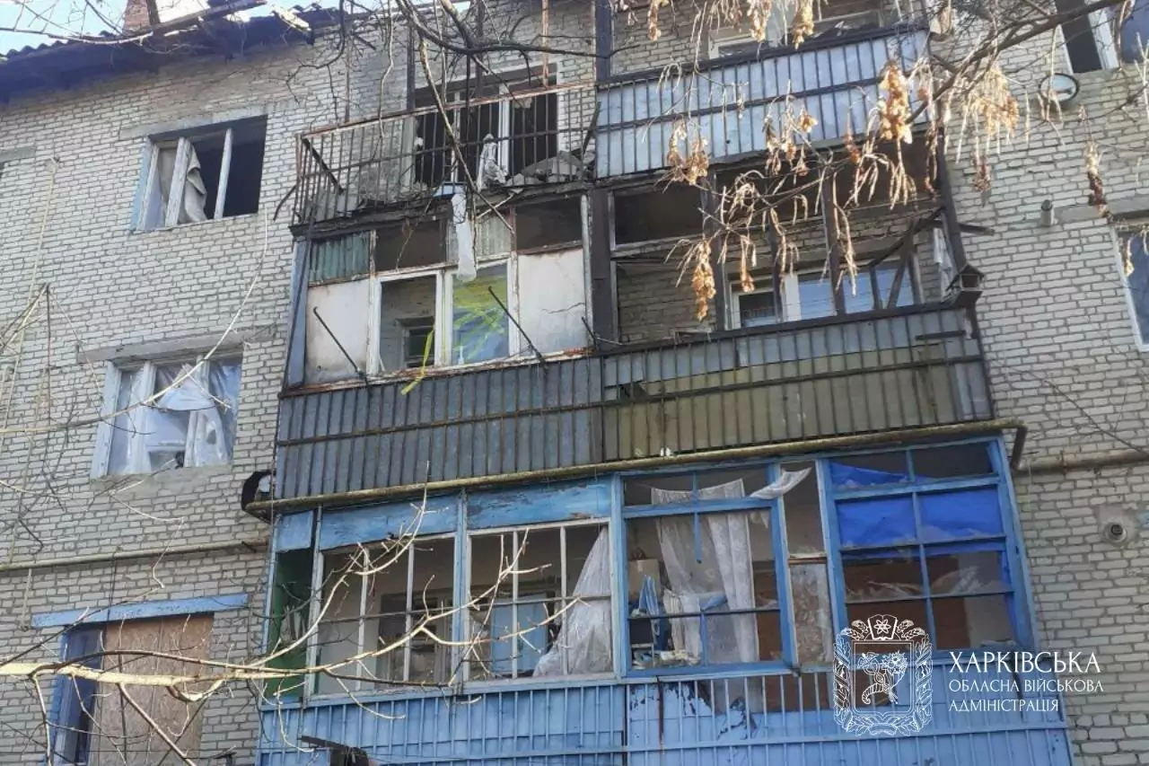 Damaged apartment building after Russian attack on Kharkiv region