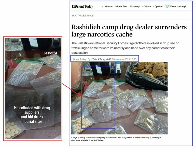 Порівняння оригінальної фотографії з кадром, на якому зафільмовані наркотичні речовини на столі