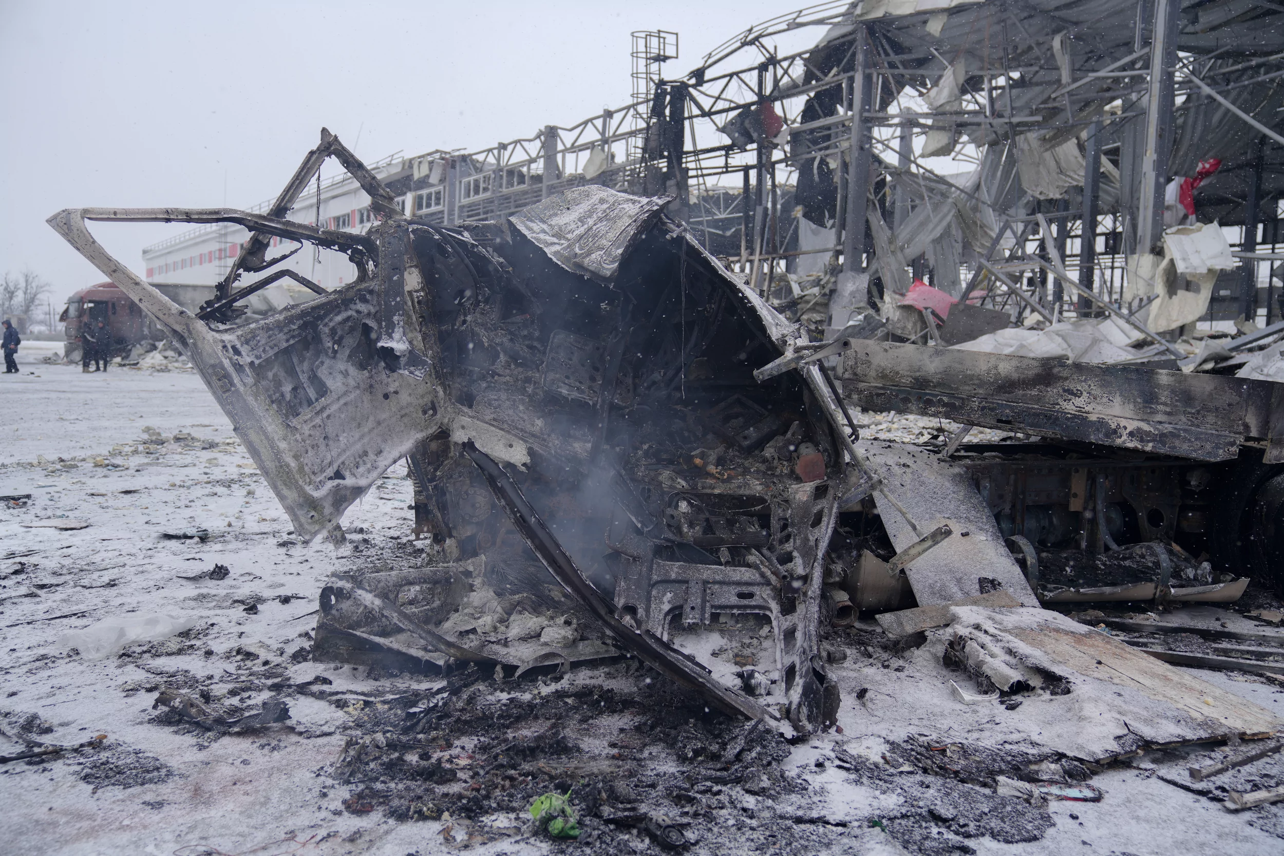 Damaged trucks of Nova Poshta after Russian attack on post service terminal in Kharkiv oblast