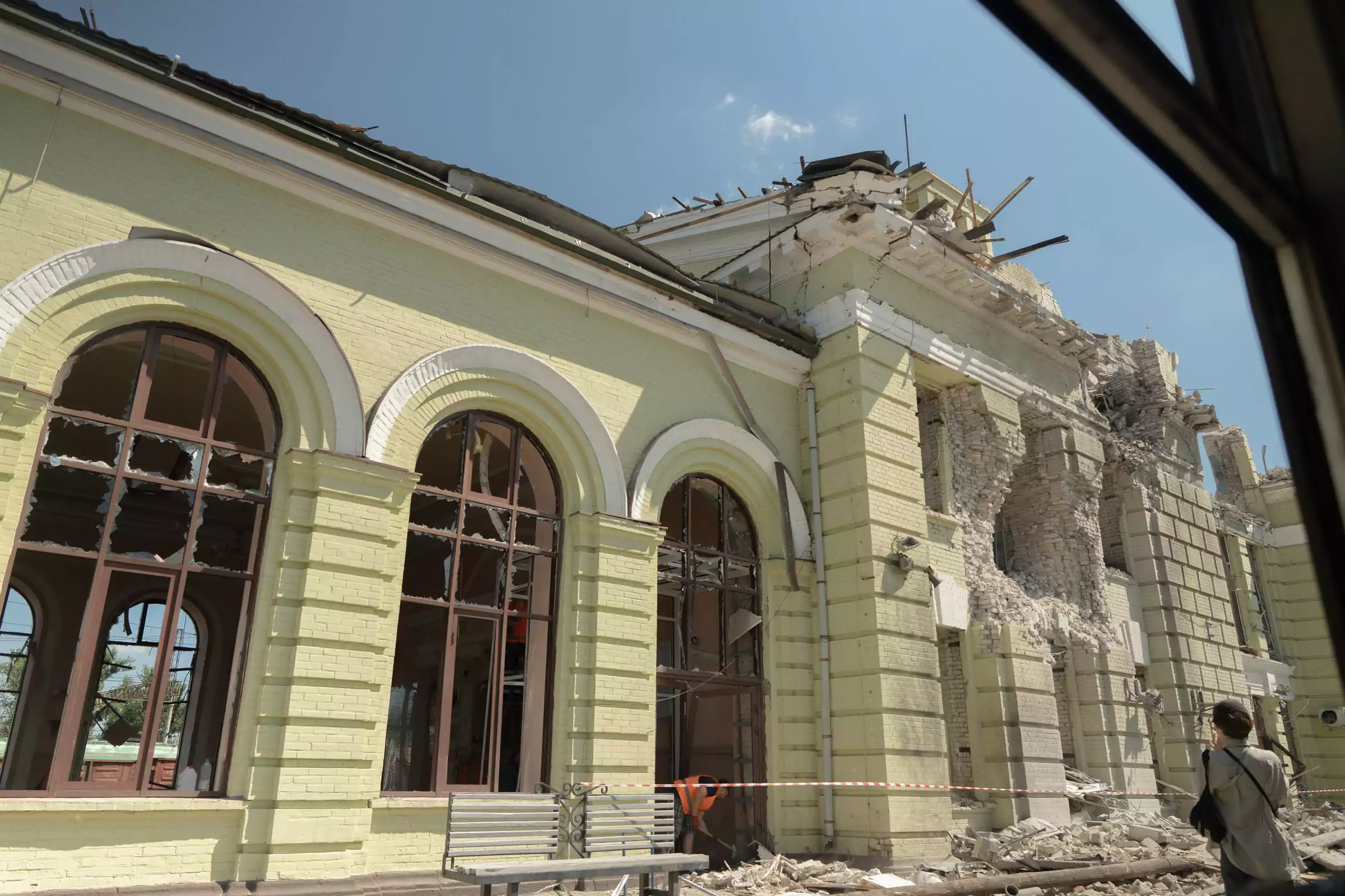 Damaged railway station building in Lozova, south of Kharkiv oblast, attacked by Russian Shahed drones. August 2025