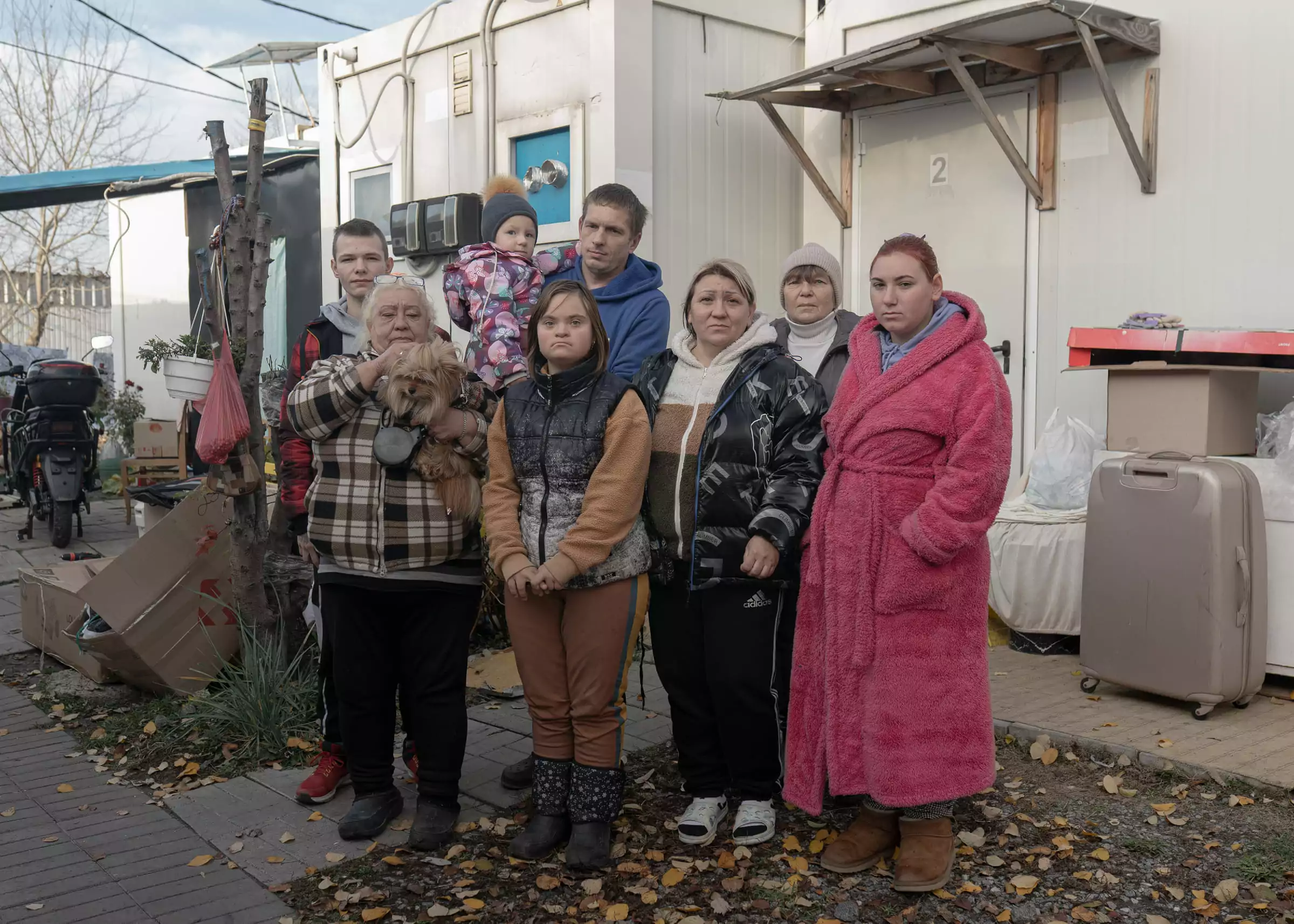 Residents of a modular town for internally displaced people, who have lived there since 2014. They are preparing to move because of the Kharkiv city council&rsquo;s decision to demolish the modules.
