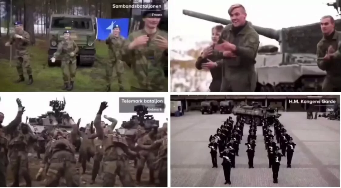 Фрагменти з поширеного у новині відео з танцуючими норвезькими солдатами