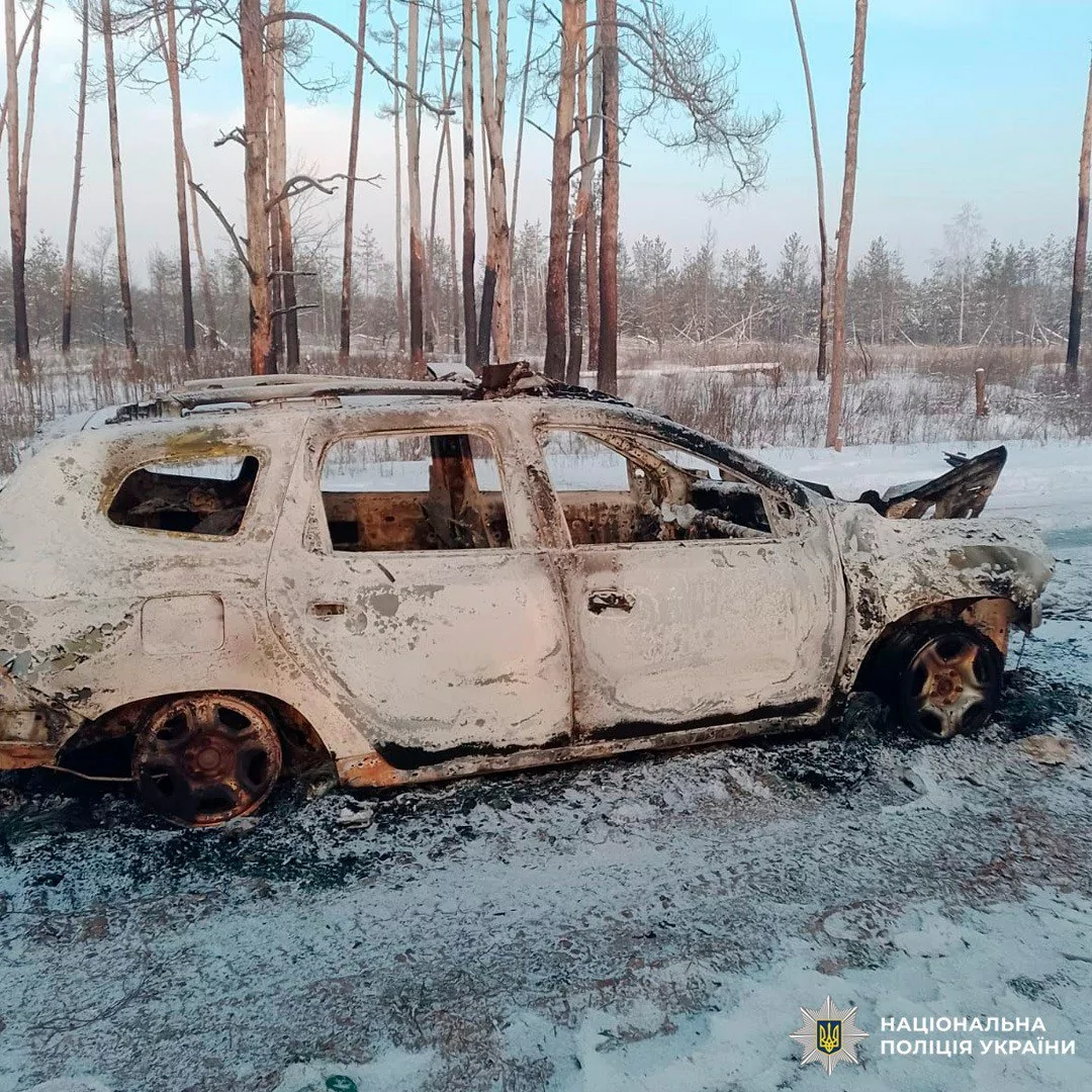 The photo of destroyed police car after Russian attack in Kharkiv oblast