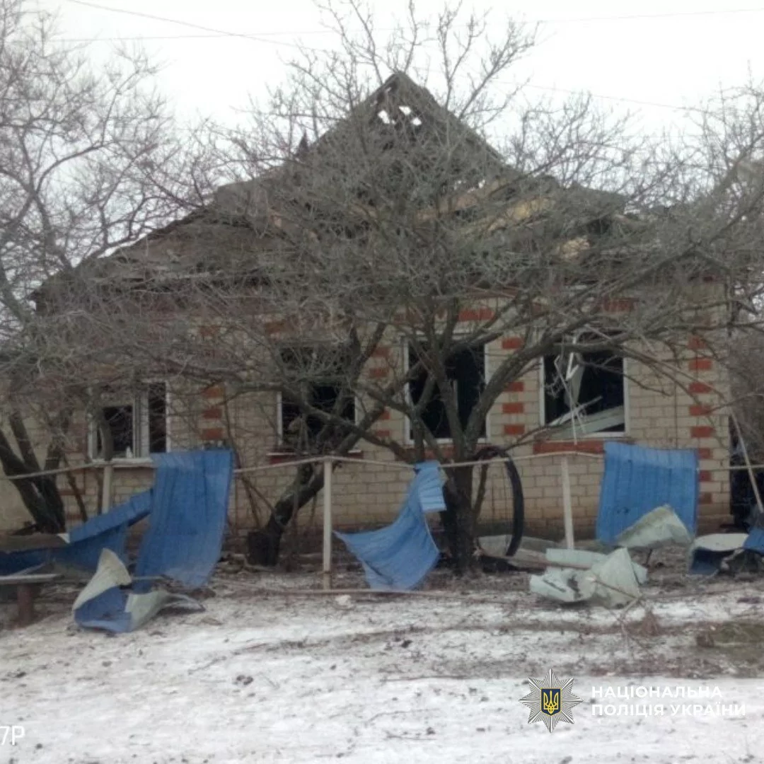 Damaged house after Russian attacks on Kharkiv region