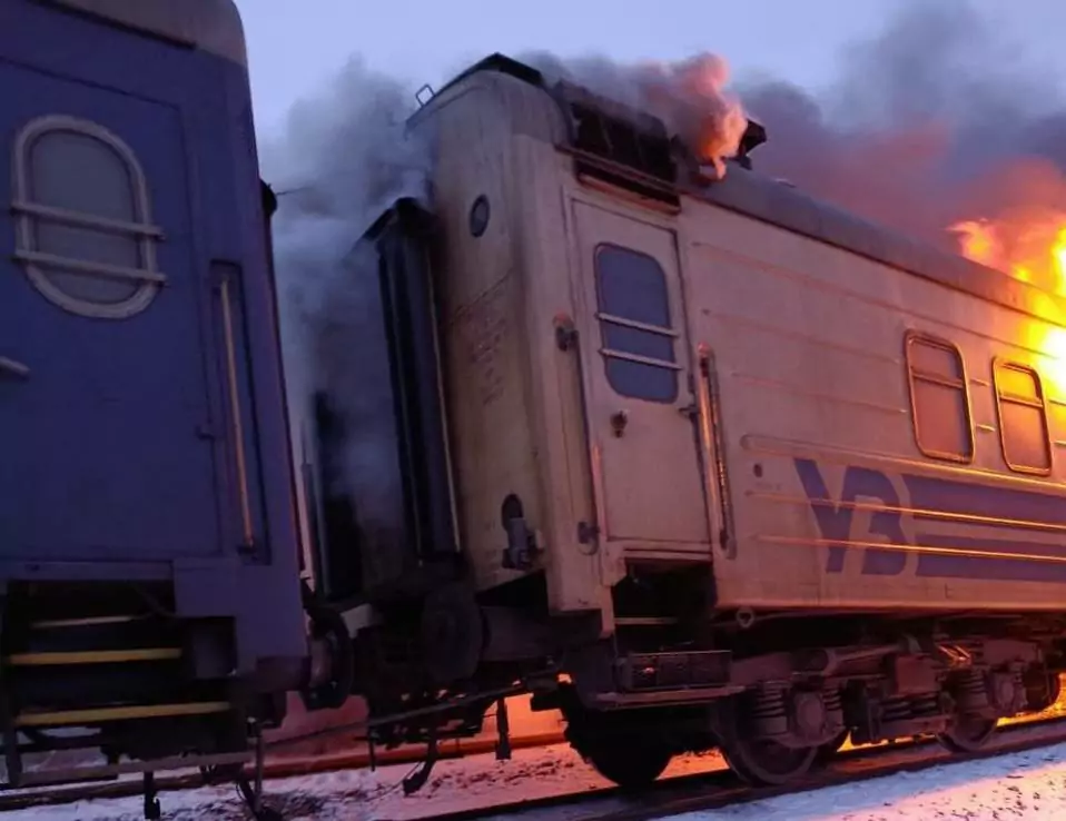 Passanger train burning after Russian drone attack