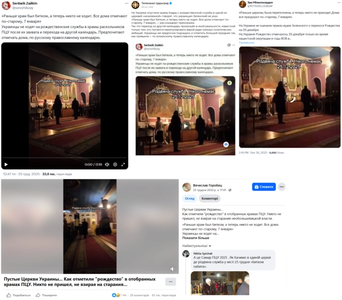 Скриншоти з різних джерел новини про те, що церкви ПЦУ лишаються порожніми на Різдвяні Богослужіння