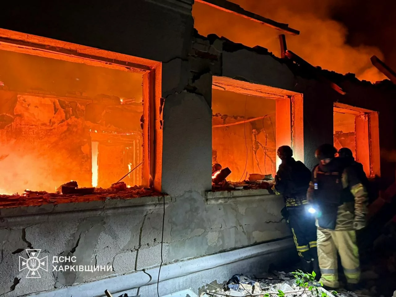 Burning building in the aftermath of Russian drone attack on Pidserednie village in the Kupiandk district