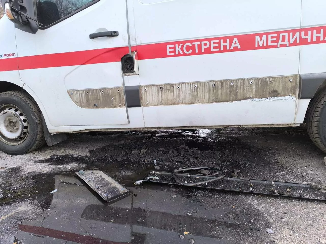 Damaged ambulance after Russian drone attack in Kharkiv oblast