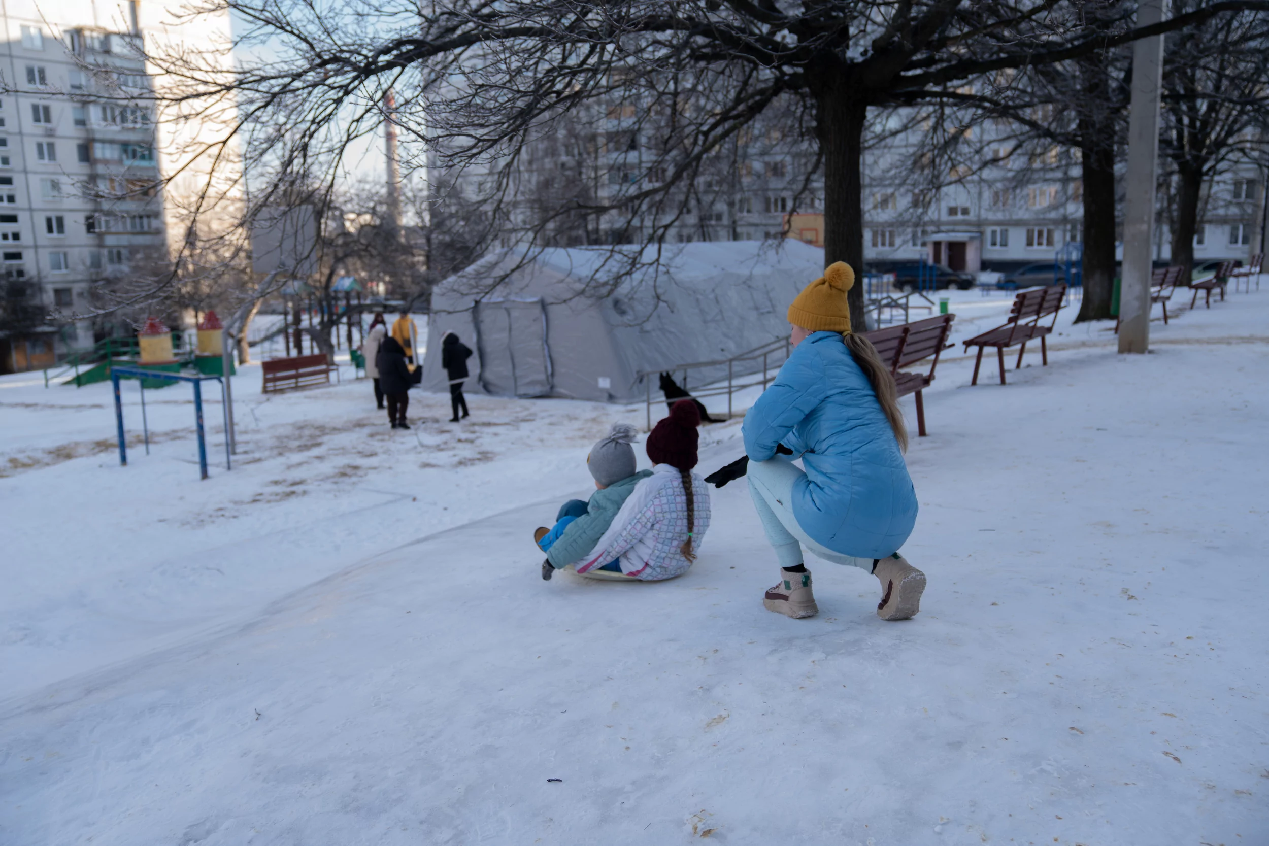 A special tent which serve as heating point in Kharkiv.