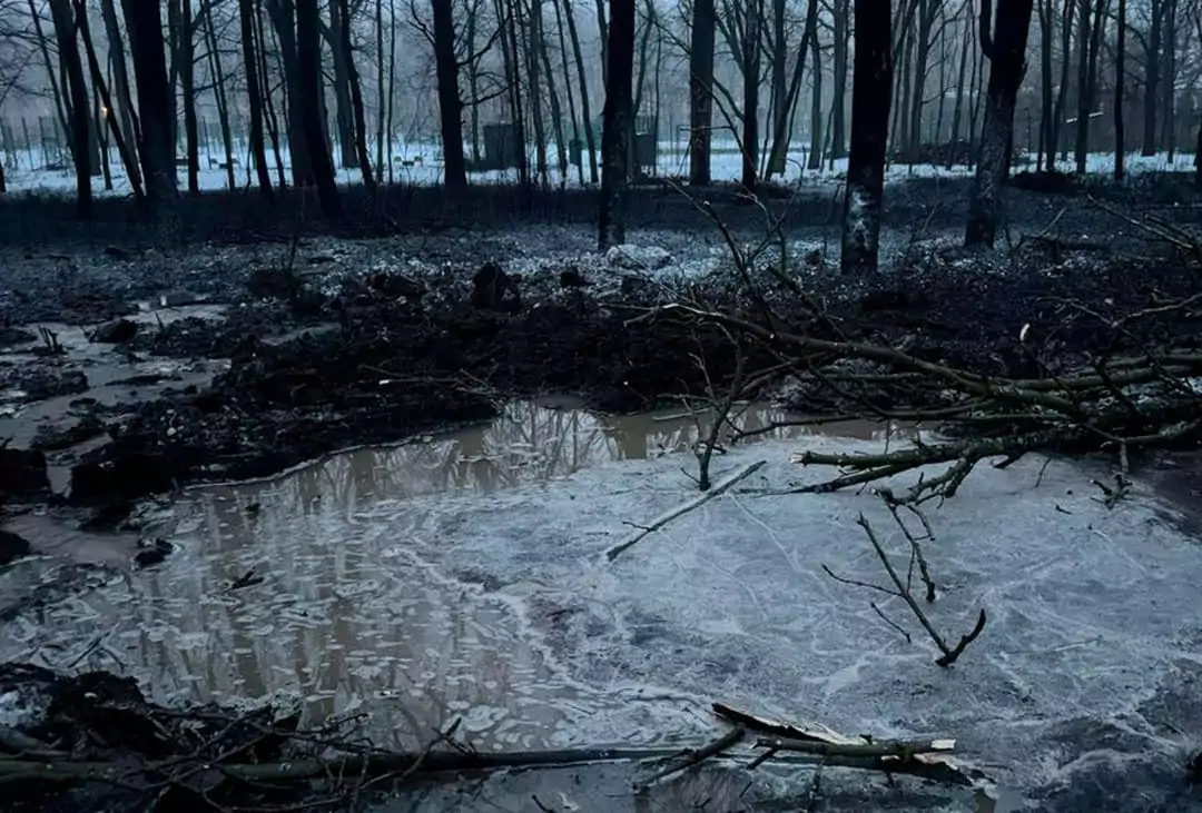 An impact crater from a glide bomb attack on Kharkiv oblast. Feb. 26, 2026