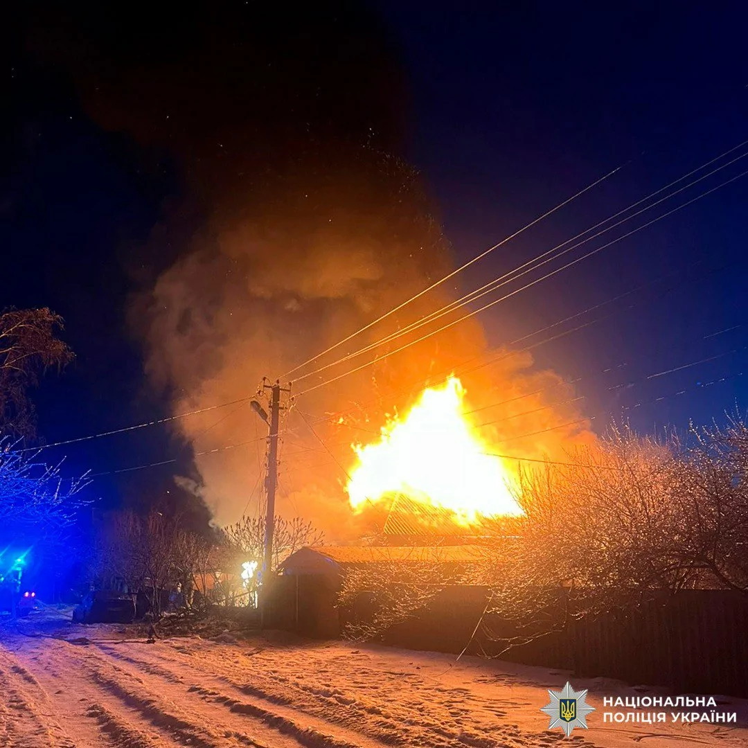 A house in fire after Russian attack on Kharkiv oblast.
