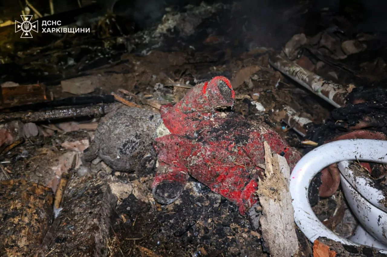 A burnt toy that belonged to a child killed in the Russian attack on Bohodukhiv