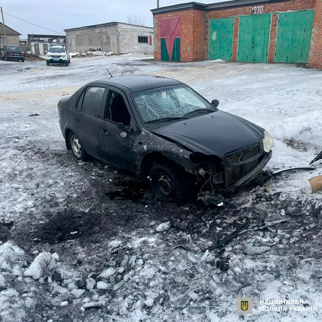 Damaged car after Russian attacks on Kharkiv region