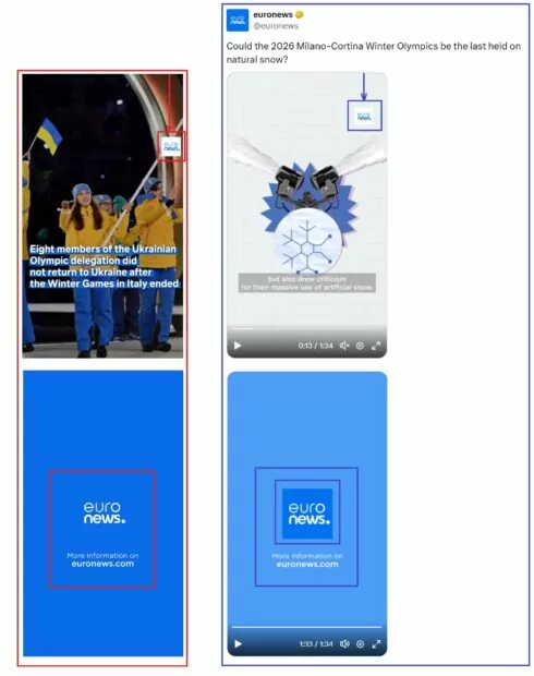 Повірняння кадрів з фейкового та оригінального відео Euronews