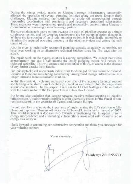 Zelenskyy's letter to European authorities