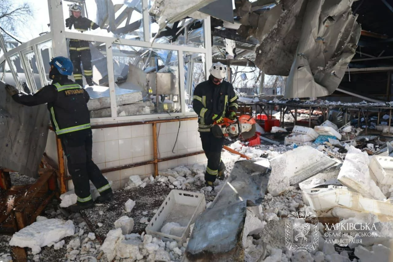 Damaged building of civilian business after Russian attack on Kharkiv