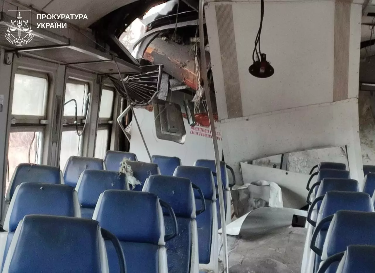 Damaged suburban train in Slatyne after Russian attack