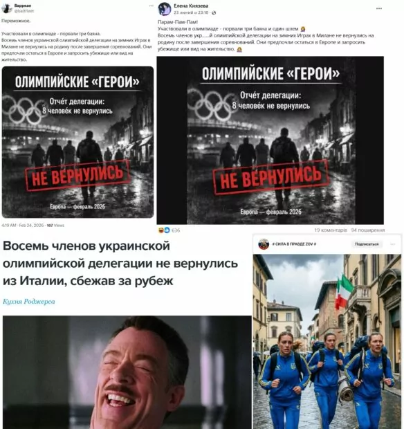 Скриншоти з різних джерел новини про те, що вісім членів української делегації після зимових Олімпійських ігор 2026 не повернулись в Україну