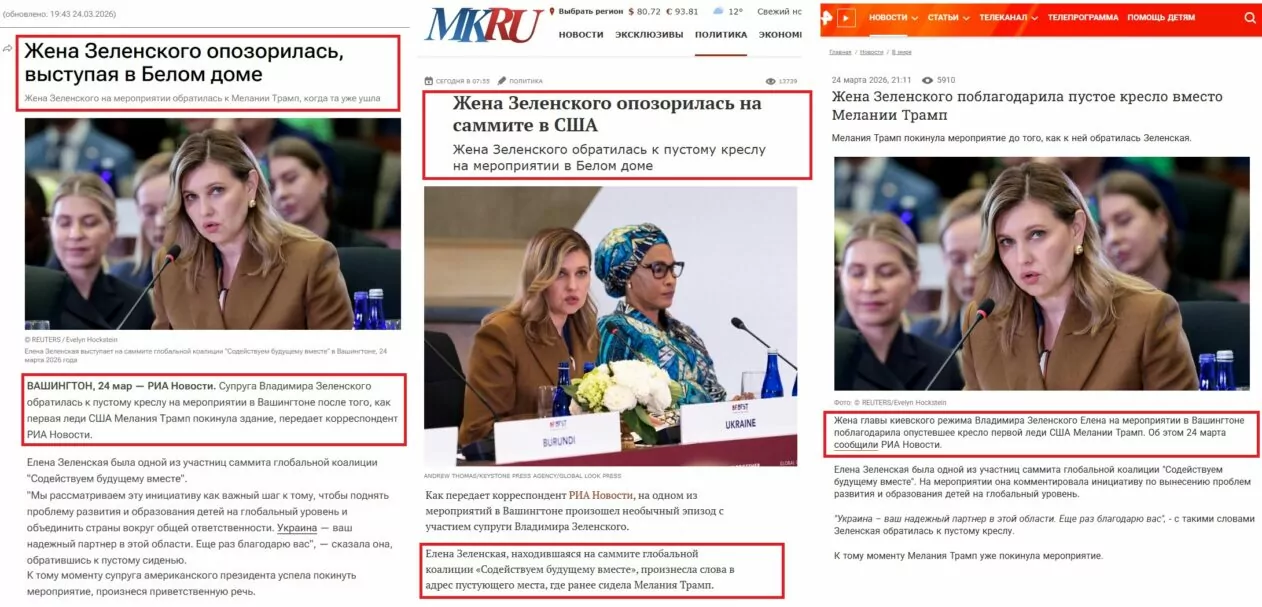Скриншоти з російських ЗМІ публікації про те, що Олена Зеленська зганьбилась на саміті у Вашингтоні