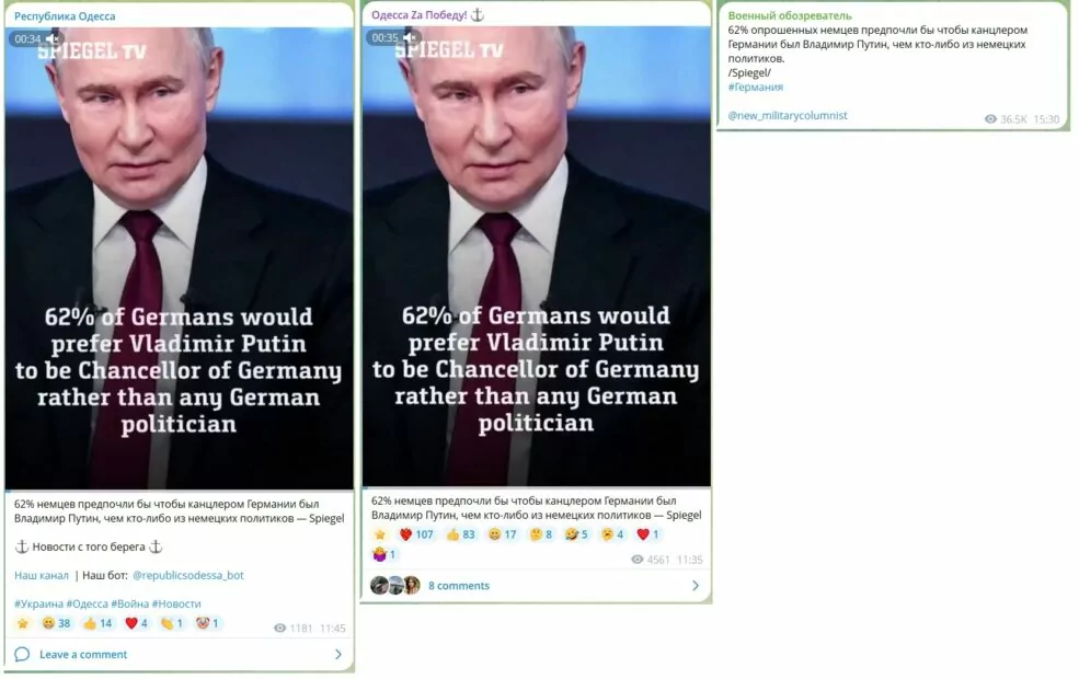 Скриншоти новини в Телеграм-каналах з відео Spiegel TV про те, що 62% німців хотіли б бачити Путіна канцлером Німеччини