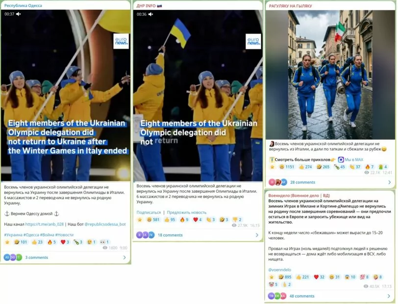 Скриншоти з Телеграм-каналів новини про те, що вісім членів української делегації після зимових Олімпійських ігор 2026 не повернулись в Україну