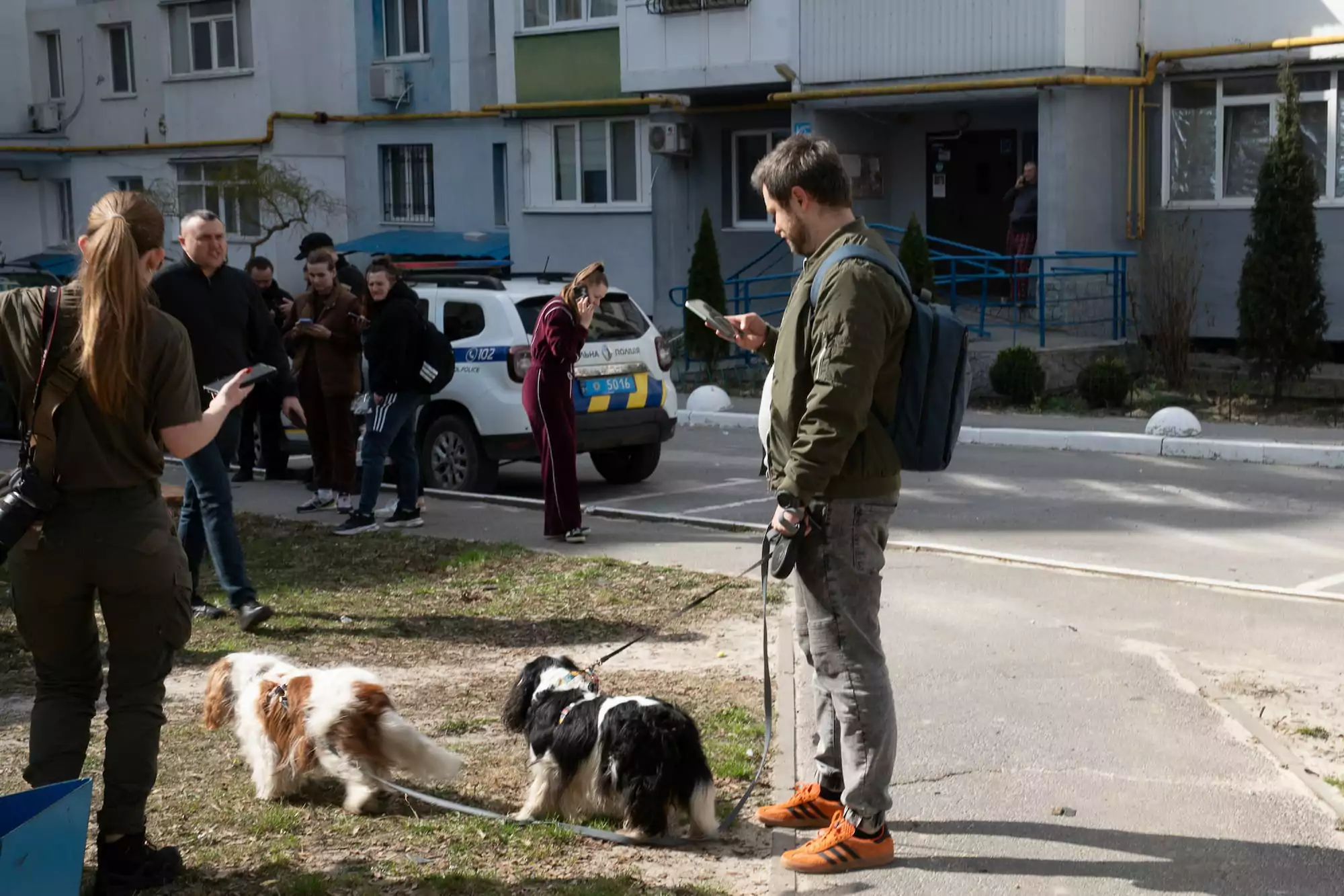 Local with his dogs after Russian attack on Kharkiv