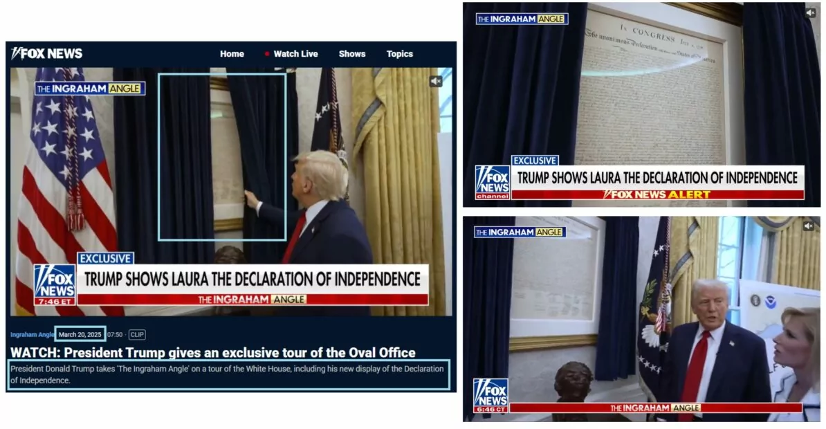 Скриншоти кадрів з оригінального відео Fox News, на яких зафільмовано, що Трамп демонструє Декларацію незалежності