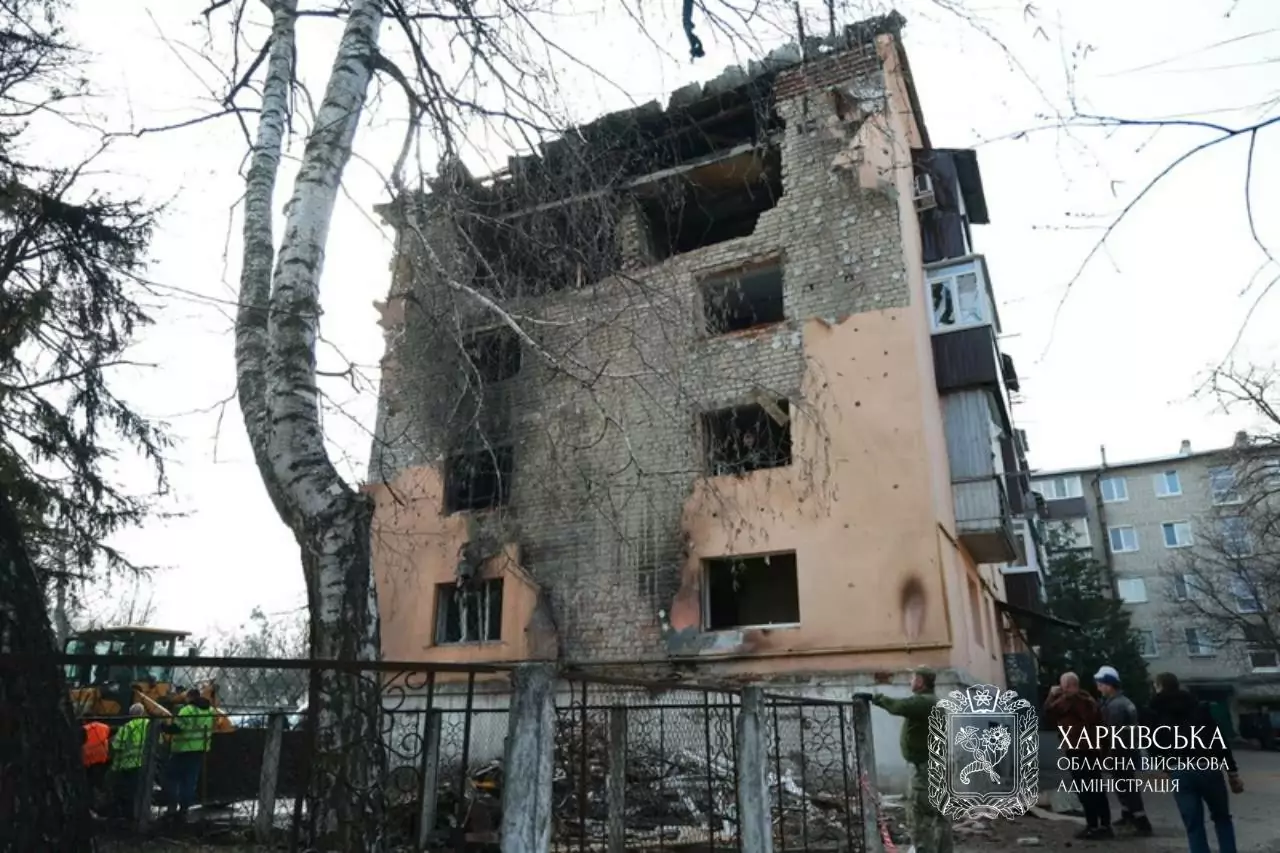 Damaged apartment building in Chuhuiv