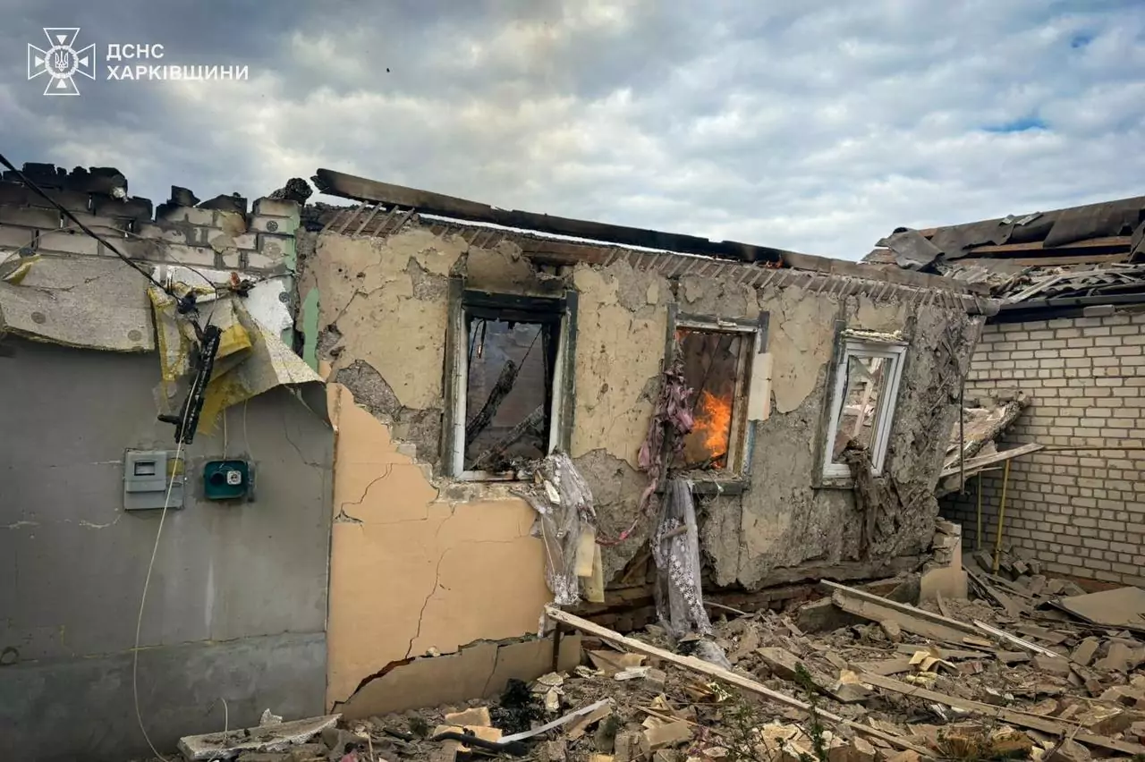 Damaged house in Velykyi Burluk after Russian attack