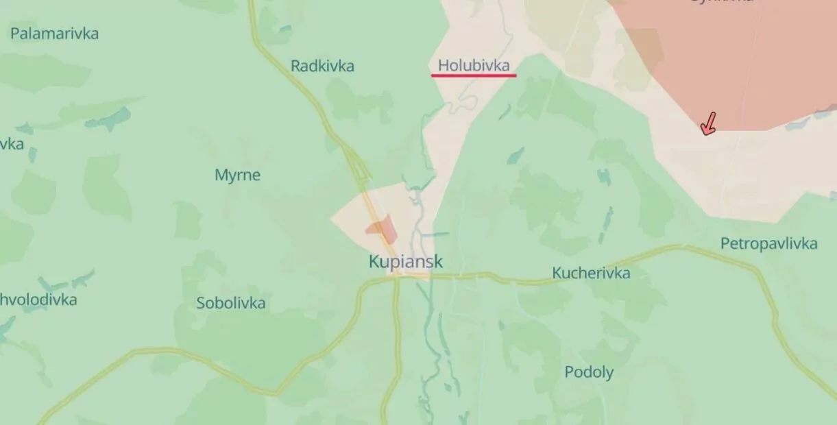 The state of frontline near Kupiansk, with Holubivka village Russians are trying to use to infiltrate the city marked in red 