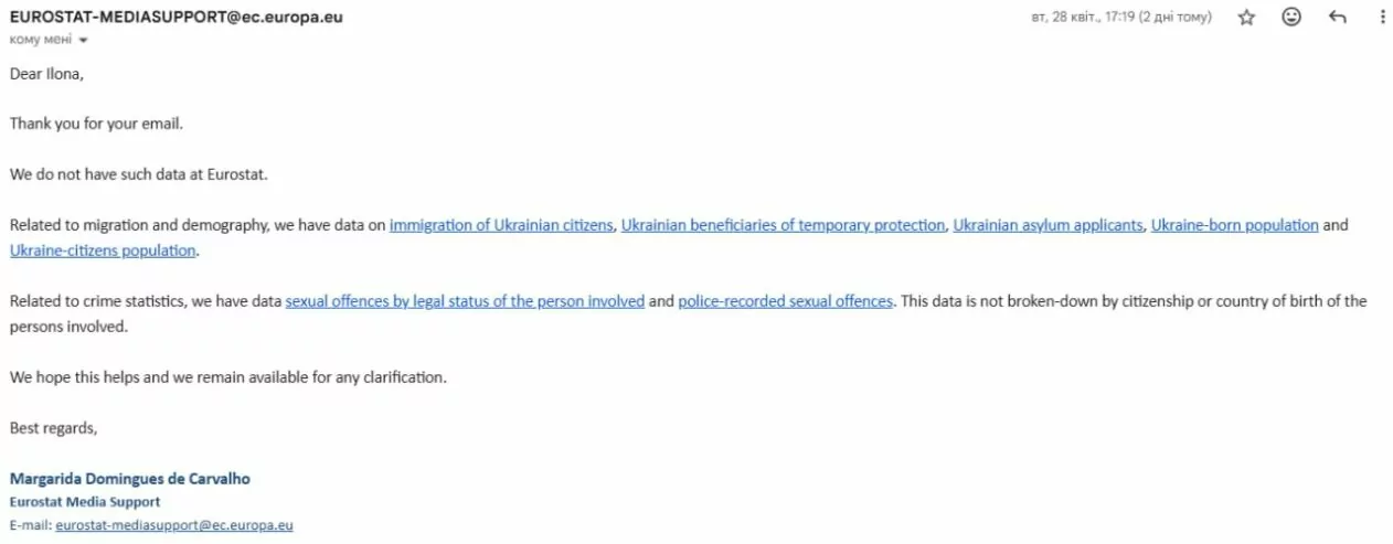 зображення до посту: Фейк. Eurostat: українські мігранти скоюють третину всіх сексуальних злочинів проти жінок у ЄС