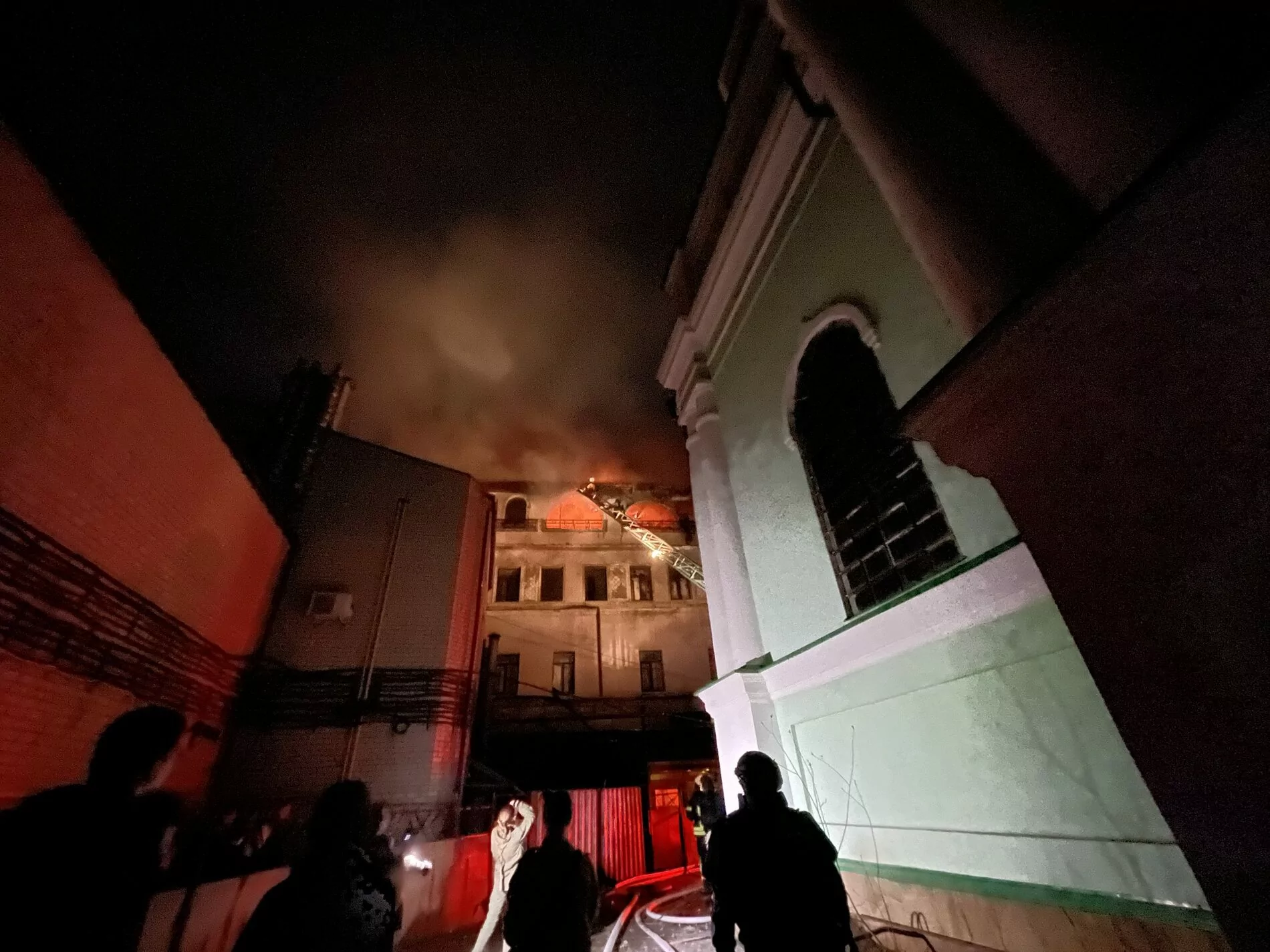 Building burning after Russian drone attack