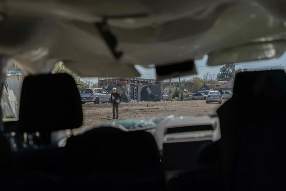 A view from the car, damaged by Russian missile attack on Merefa in Kharkiv oblast on May 4, 2026
