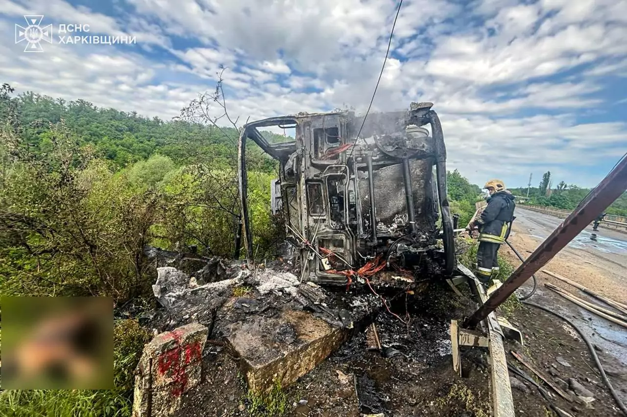 Destroyed truck on the highway north of Kharkiv