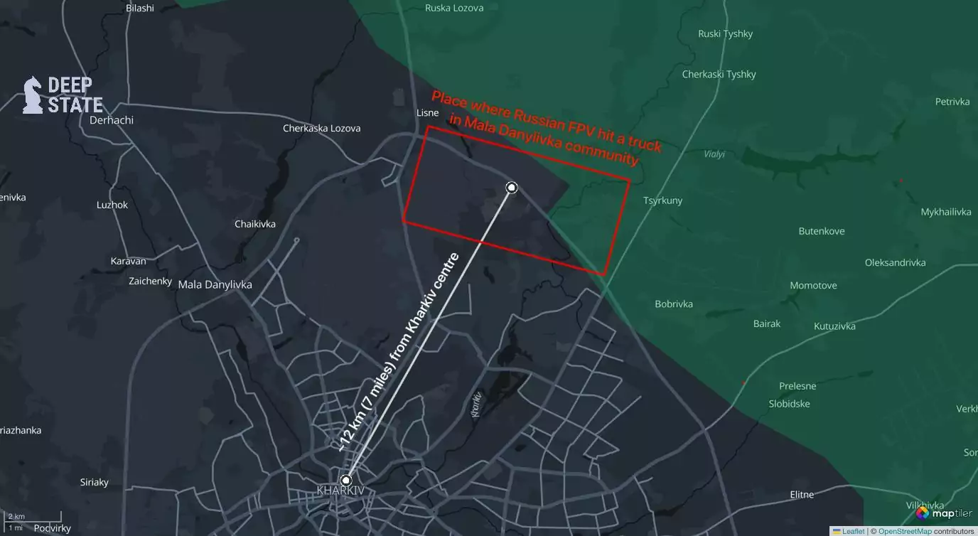 Place where Russian attack drone hit a truck in Kharkiv oblast