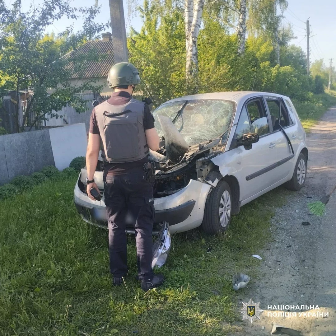 Damaged car after Russian attack on Kharkiv oblast