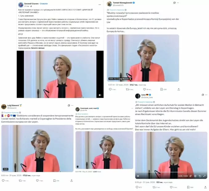Скриншоти новини з соцмереж Х та Facebook про те, що Голова Єврокомісії заявила про &laquo;тимчасове призупинення роботи соцмереж&raquo;
