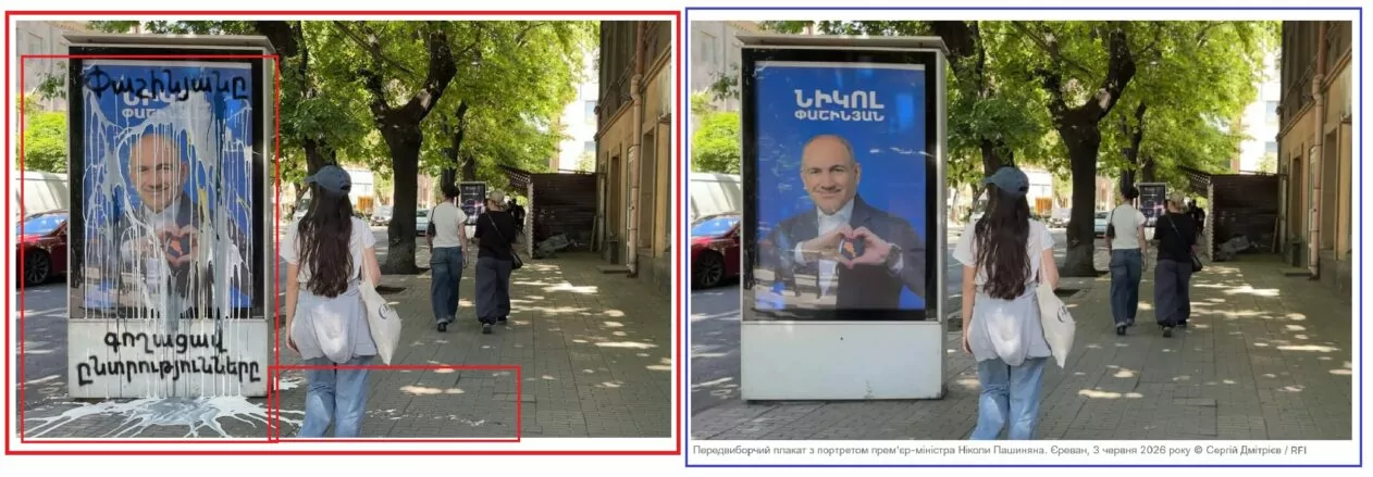 Прівняння підробленого зображення та оригінальної фотографії з матеріалу RFI про репортаж Сергія Дмітрієва