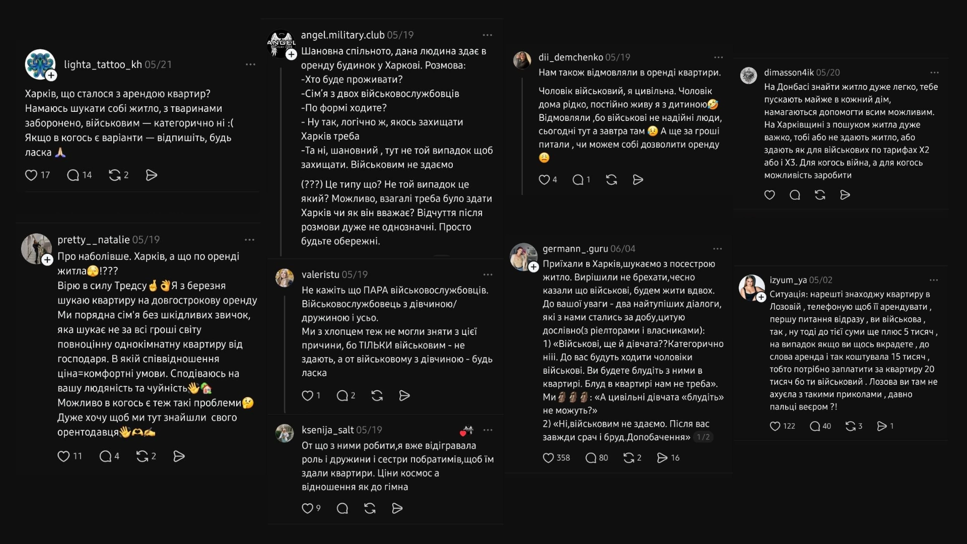 Колаж з дописів про проблеми оренди житла з Threads