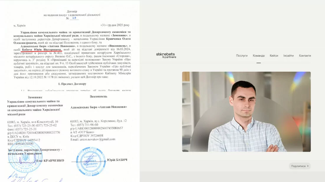 Скриншот тендерного договору, де Юрій Бабич виступає представником бюро Новакова, та його профіль на офіційному сайті об'єднання &laquo;Шкребець і партнери&raquo;.