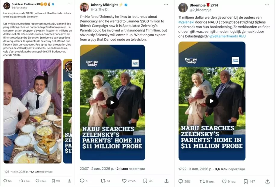 зображення до посту: Фейк. Відео Euronews: НАБУ виявило $11 млн під час обшуків у батьків Зеленського