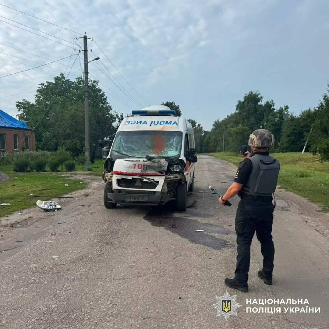 Damaged ambulance in Kharkiv oblast