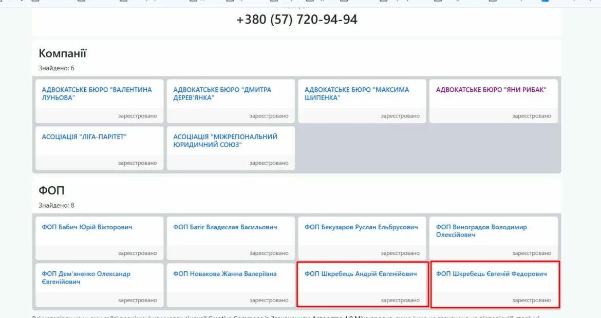 Компанії, що зареєстрували номер телефону 	+380577209494 Скриншот з Opendatabot