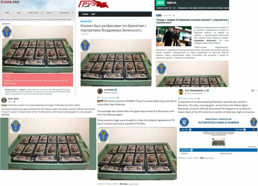 Скриншоти новини в різних джерелах про те, що в Румунії виявили 75 кг кокаїну в брекетах з портретом Зеленського
