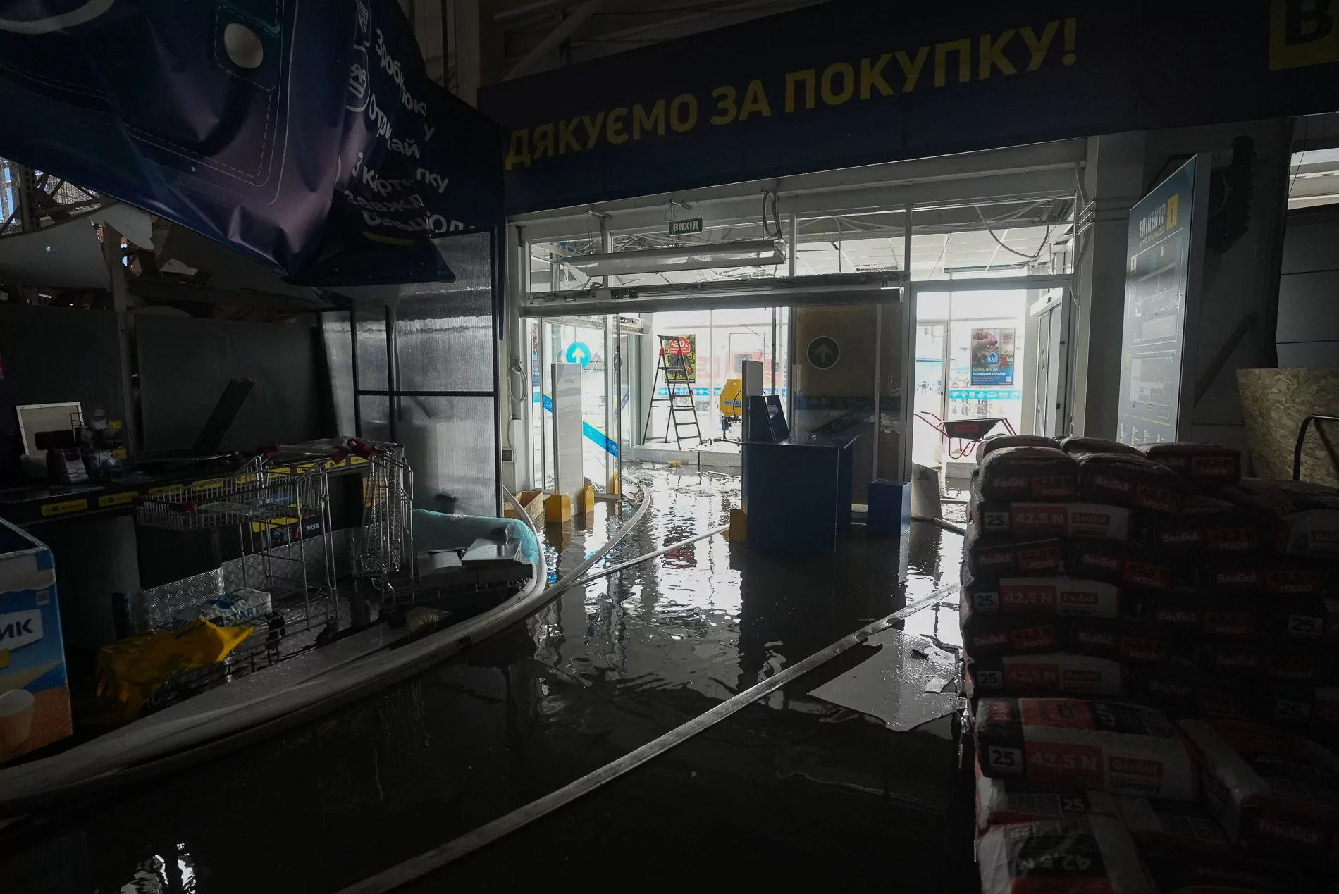 Damaged entrance of the mall after the Russian drone attack